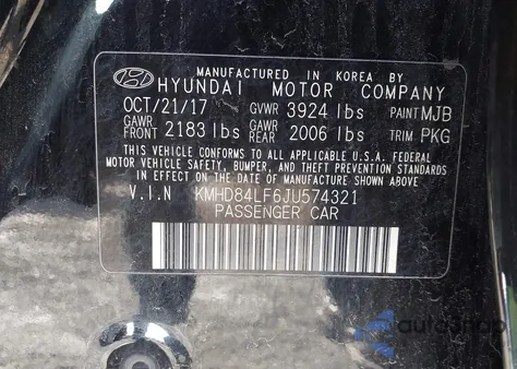 2018 Hyundai Elantra Sel из США, поврежденный, VIN KMHD84LF6JU574321